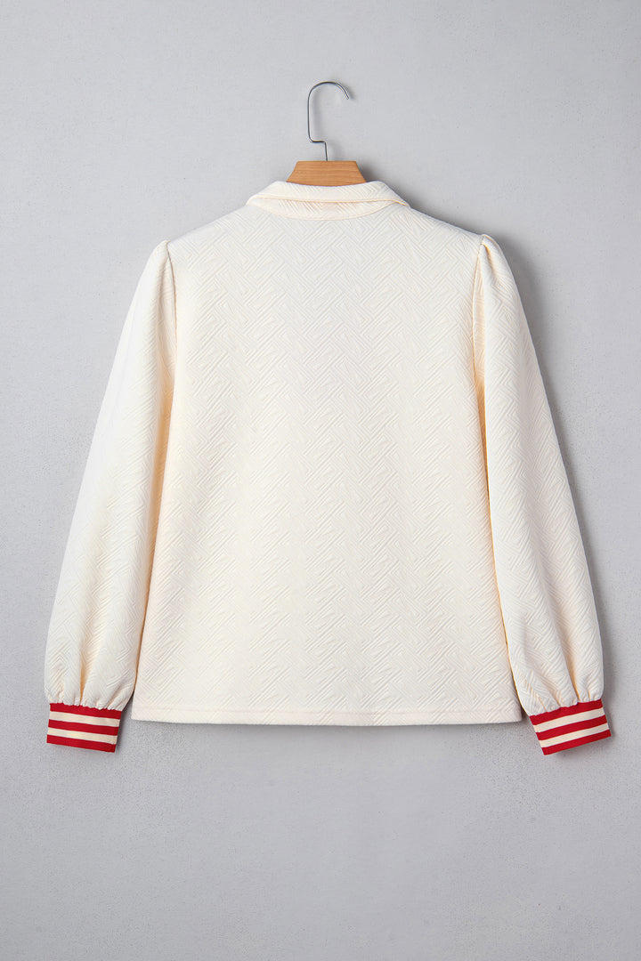 Textured Knit Contrast Striped Accent Zipped Collar Pullover Top