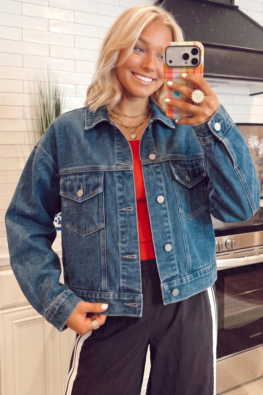 Navy Blue Vintage Button Flap Pocket Casual Denim Jacket