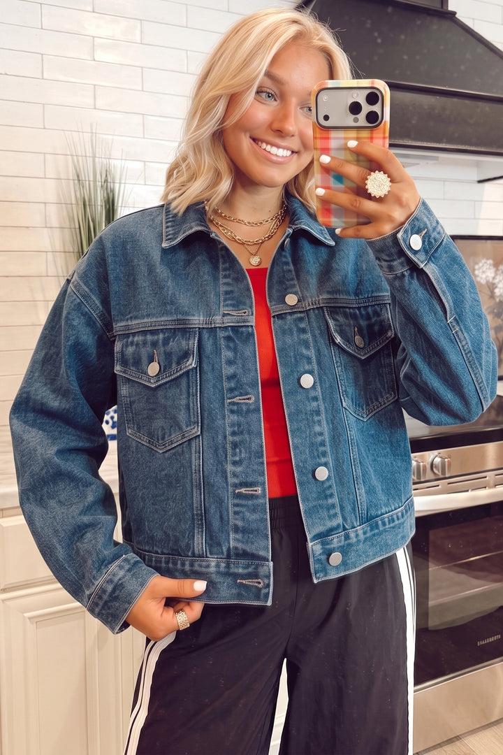Navy Blue Vintage Button Flap Pocket Casual Denim Jacket