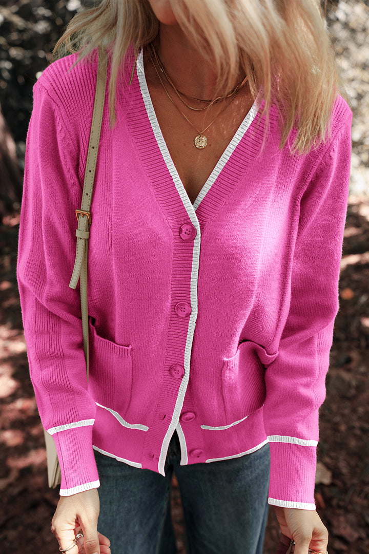 Color Contrast Side Pockets Button V Neck Cardigan