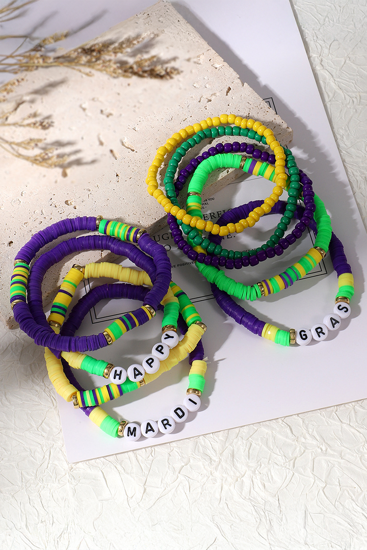 Ensemble de bracelets superposés en perles Happy Mardi Gras