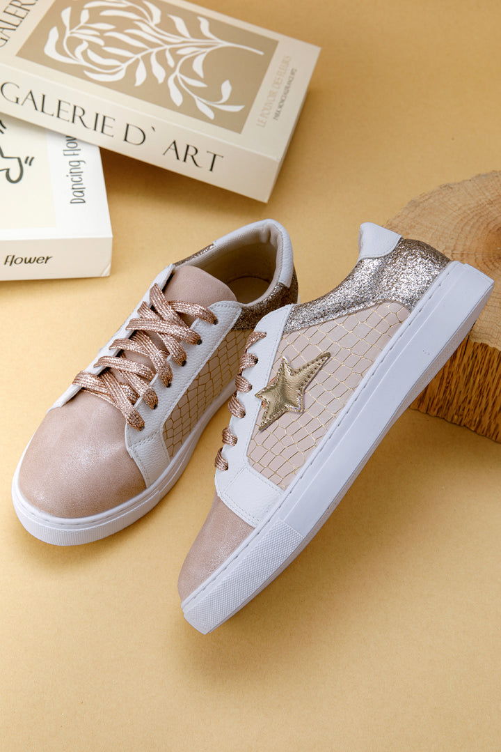 Schnür-Sneakers aus PU-Leder mit Glitzerstern-Patchwork 