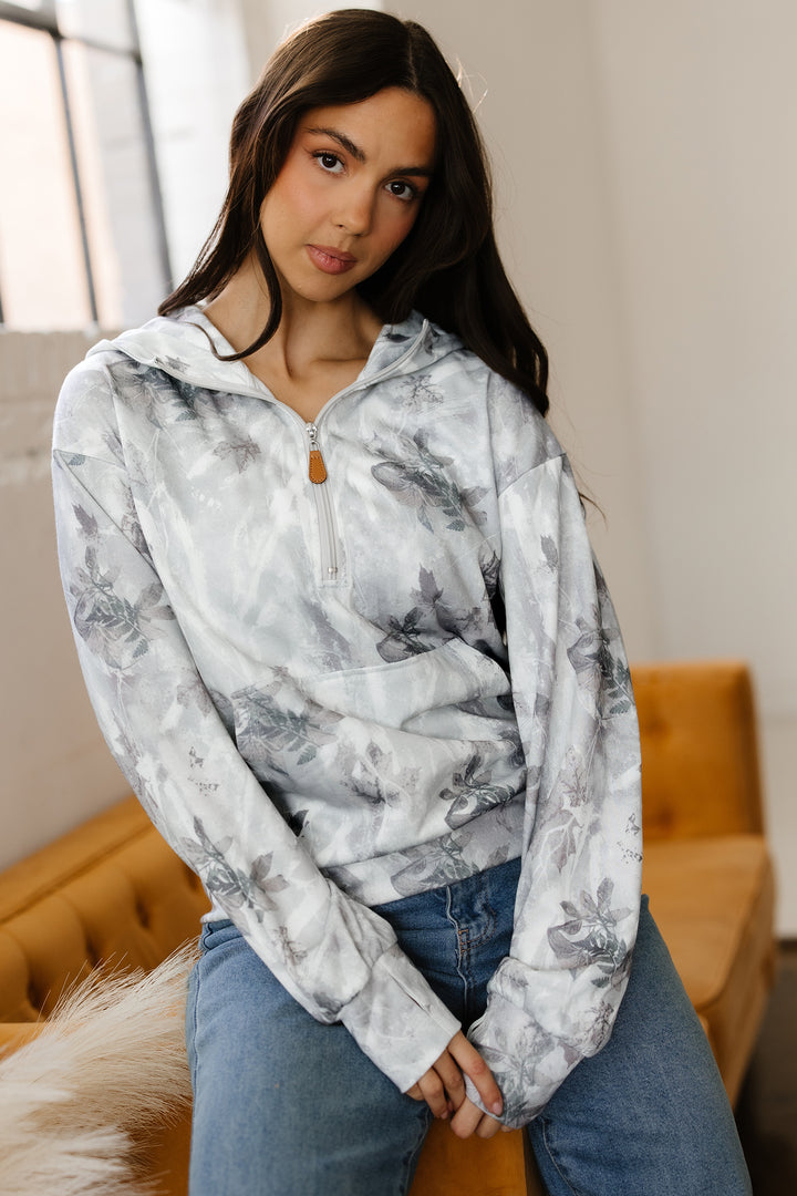 Camo Leaf Print Kangaroo Pocket Quarter Zip Hoodie