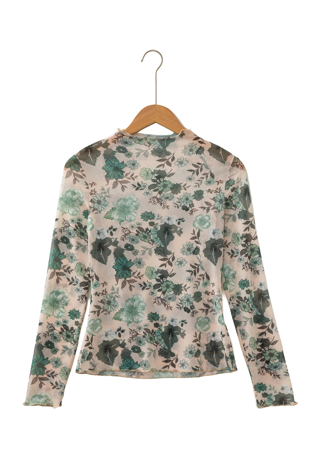 Green Western Style Floral Print Long Sleeve Mesh Top