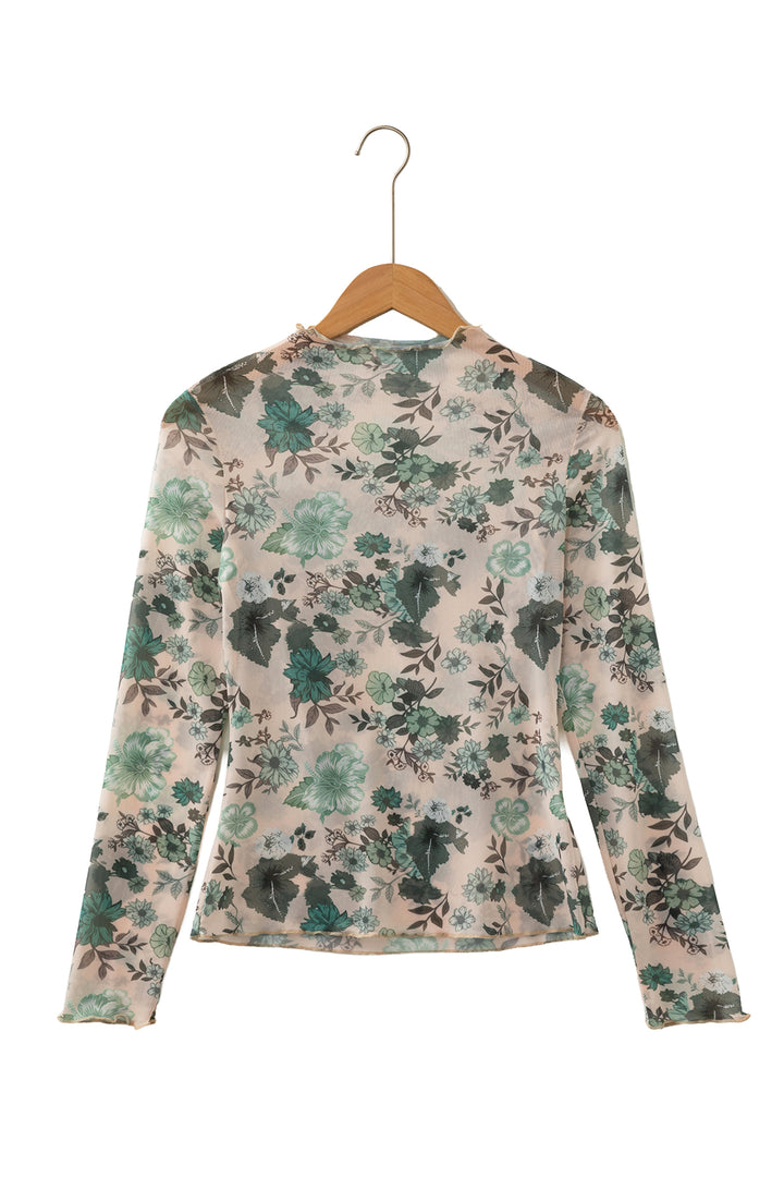 Green Western Style Floral Print Long Sleeve Mesh Top