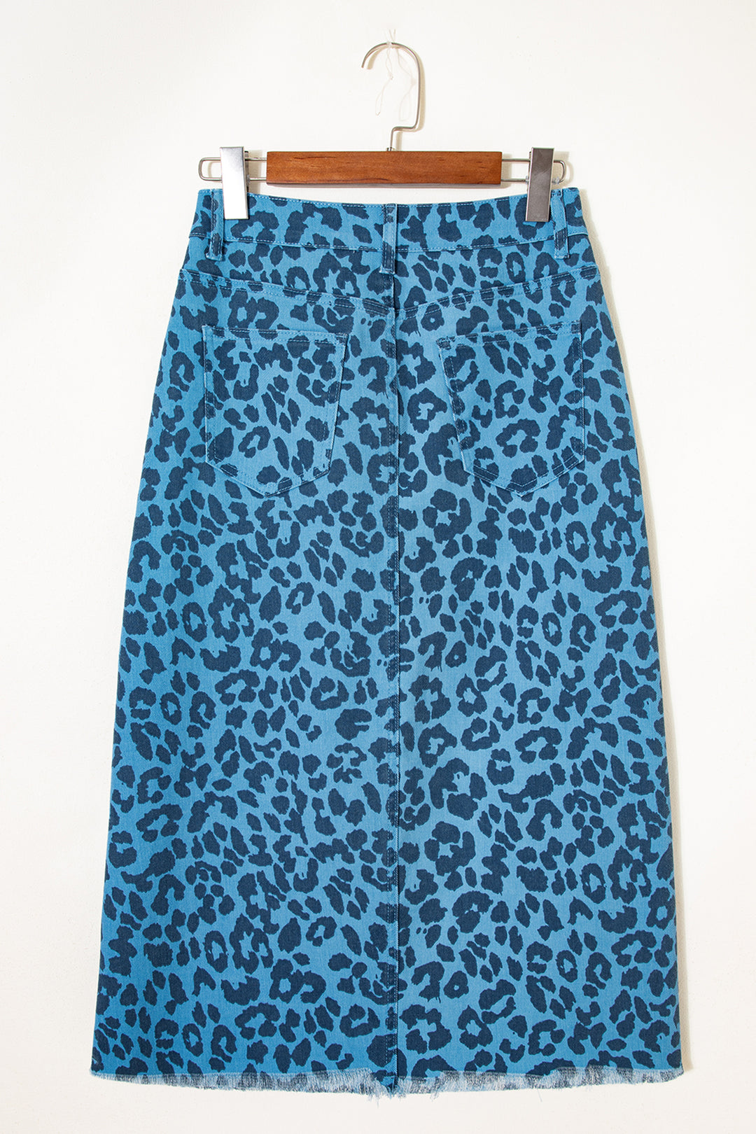 Sky Blue Leopard Print Frayed Edge Denim Skirt Long Casual Daily Wear