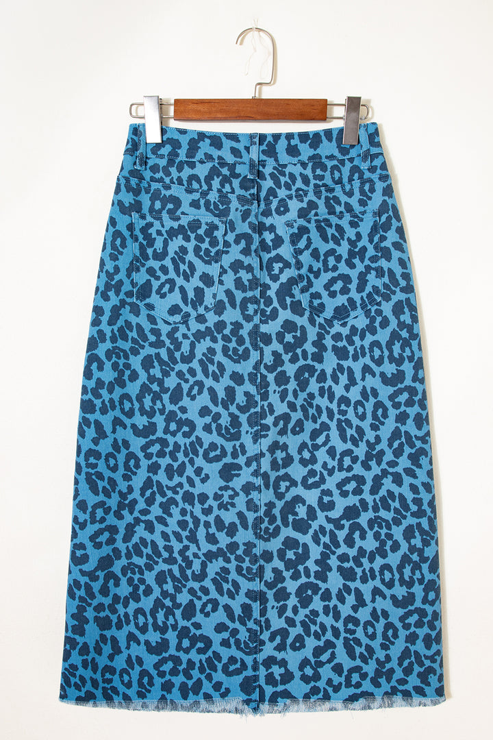 Sky Blue Leopard Print Frayed Edge Denim Skirt Long Casual Daily Wear