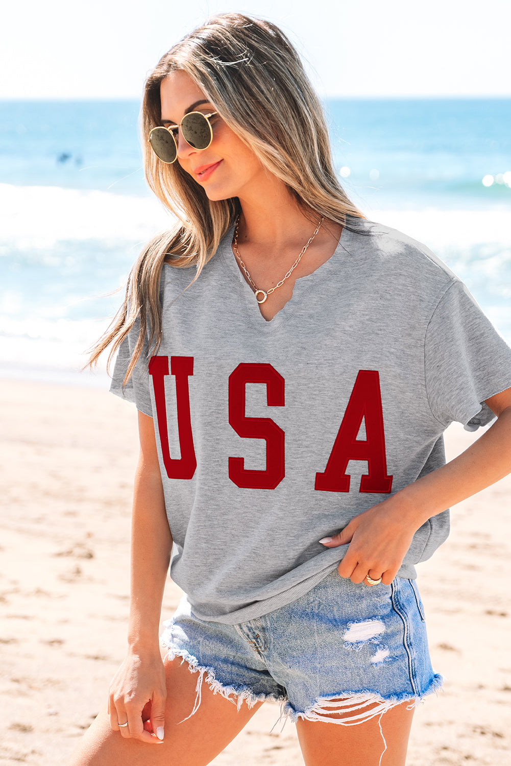 USA Lettering Patch Notched Neck Loose Tee