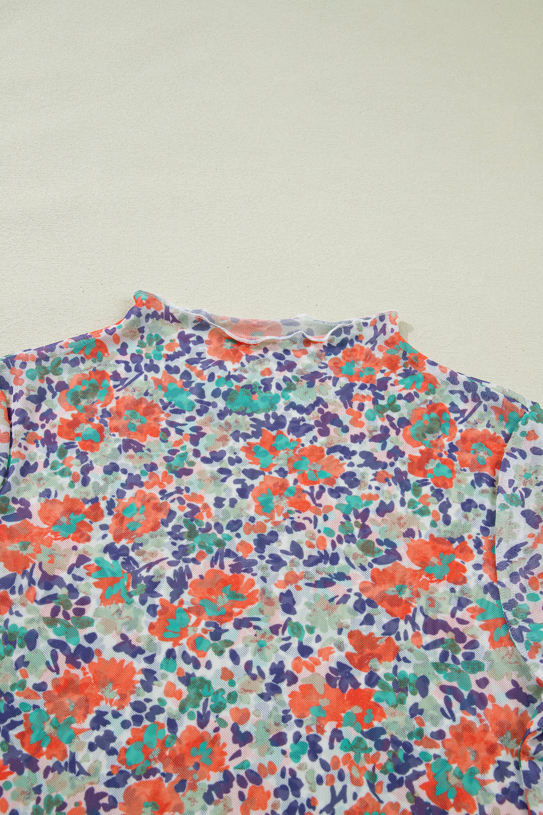 Blue Floral Print Slim Fit Mesh Long Sleeve Mock Neck Top