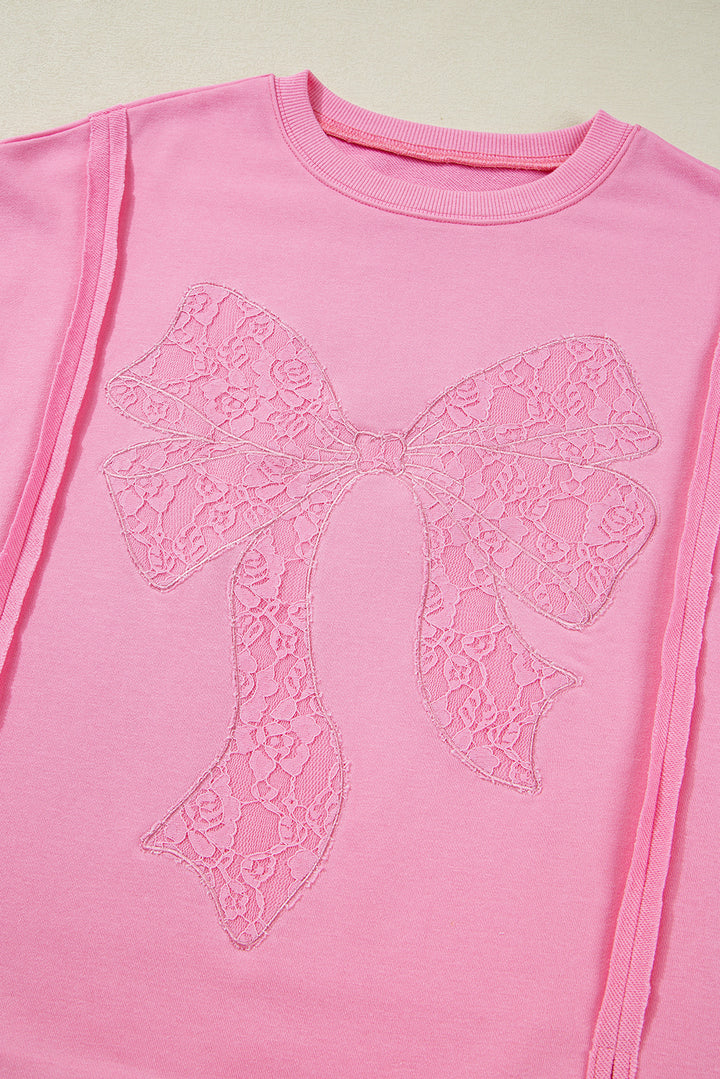 Lace Insert Bow Embroidered Exposed Seam Sweatshirt