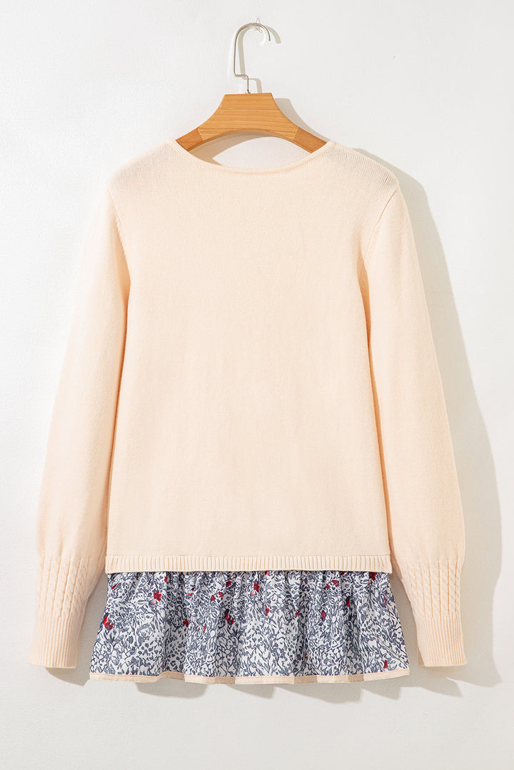 Cable Texture Bohemian Ruffle Hem Patchwork Sweater