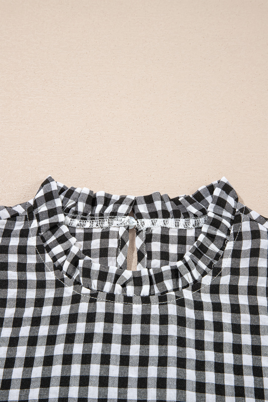 Black Plaid Short Puff Sleeve Frilled Neck Blouse