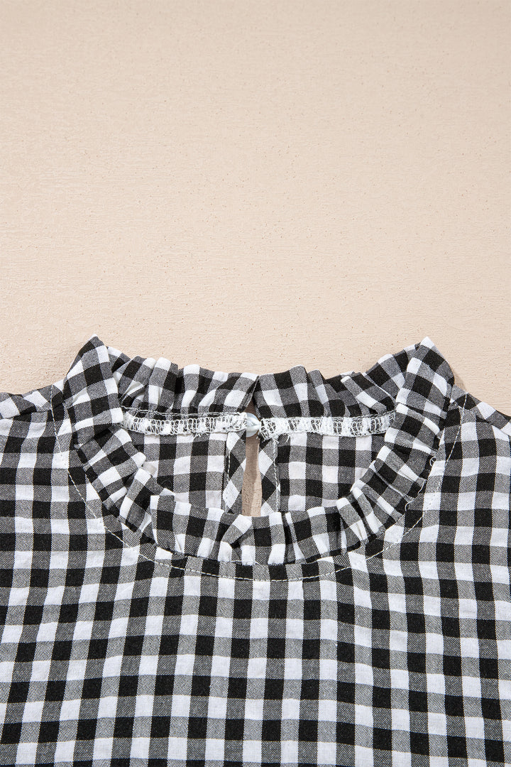 Black Plaid Short Puff Sleeve Frilled Neck Blouse