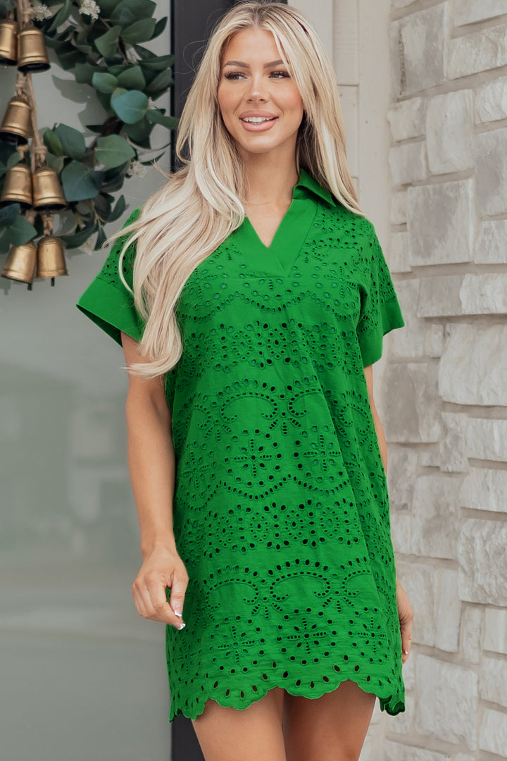 Solid Color Eyelet Embroidered T Shirt Mini Dress