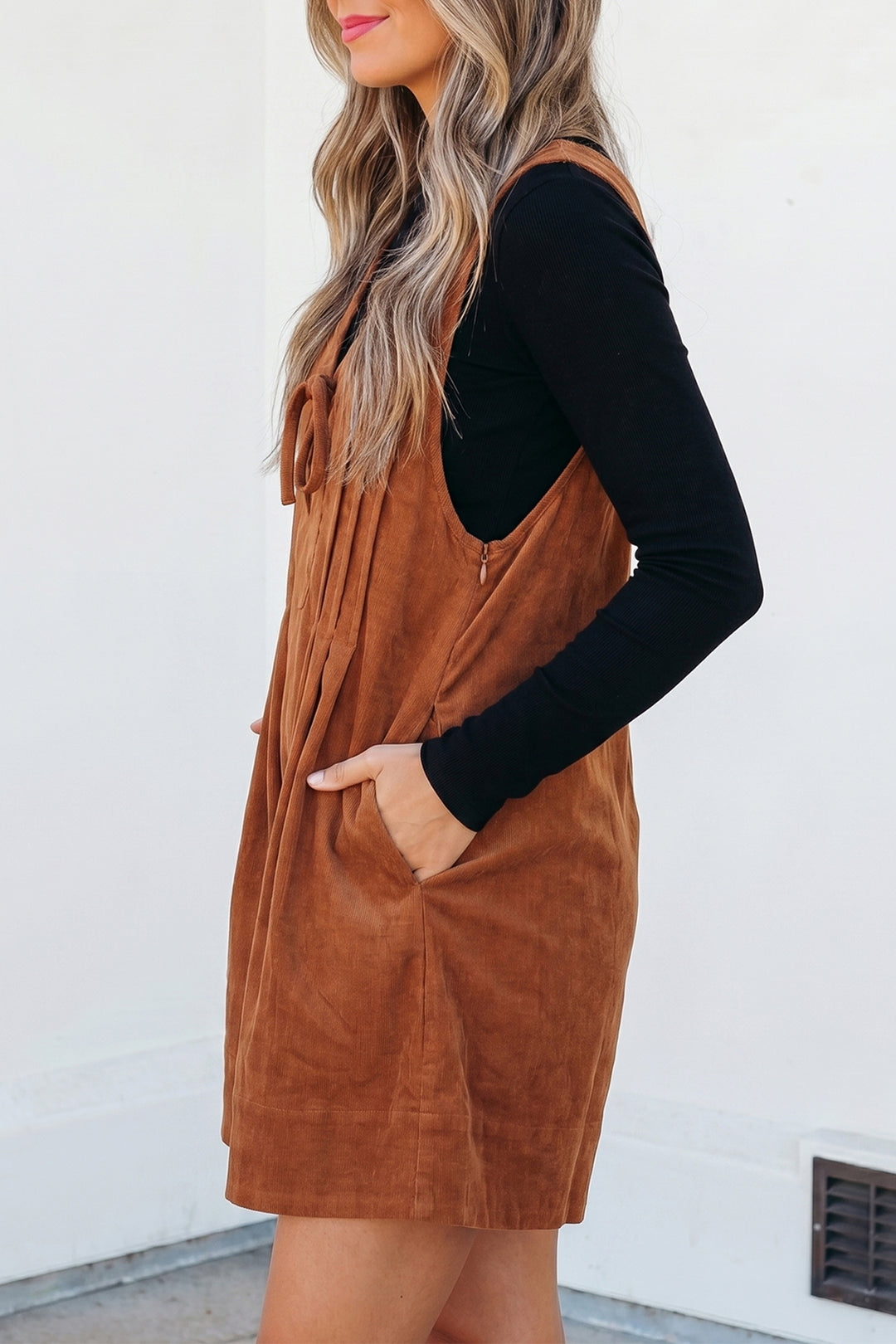 Cinnamon Tie V Neck Sleeveless Corduroy Romper