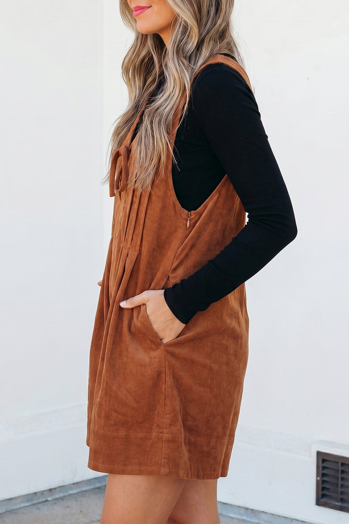 Cinnamon Tie V Neck Sleeveless Corduroy Romper