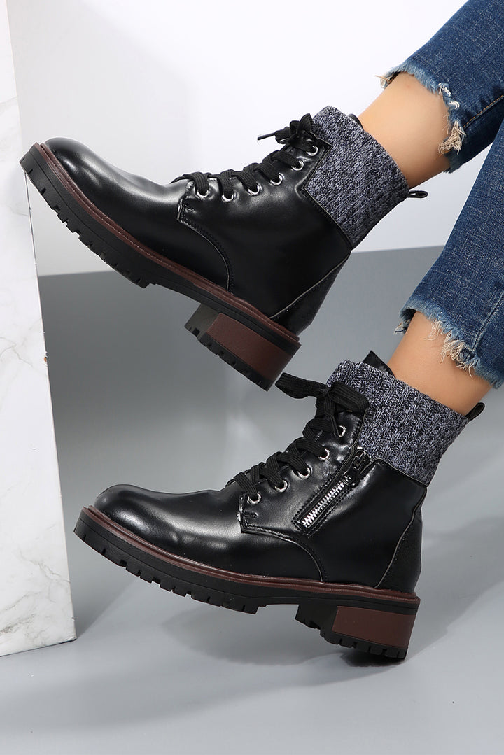 Knitted Patched Lace-up Heeled Ankle Boots