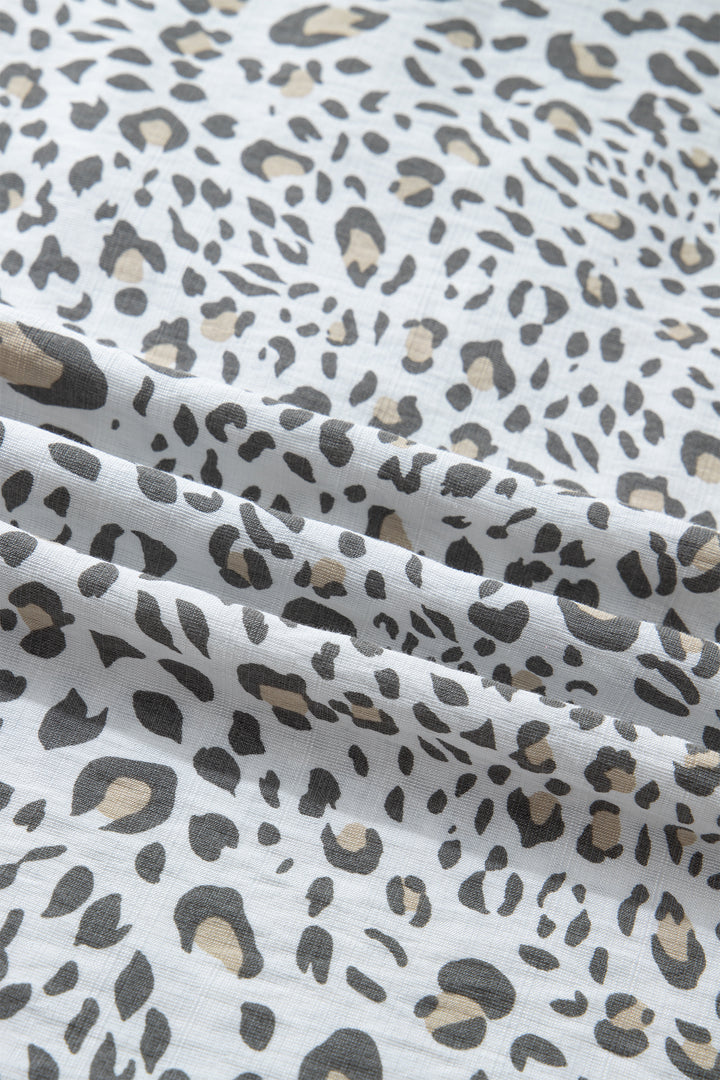 White Leopard Printed Color Block Patchwork V Neck Cap Sleeve Blouse