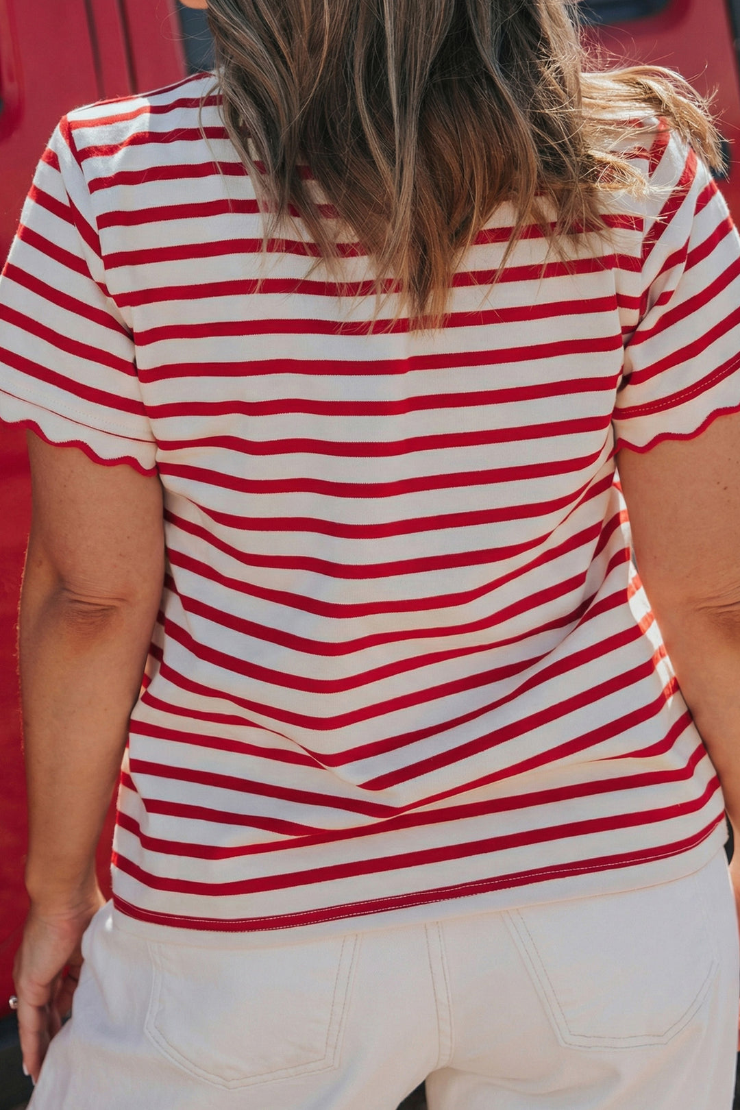 Red Stripe Plus Size Scalloped Trim Round Neck Short Sleeve Top