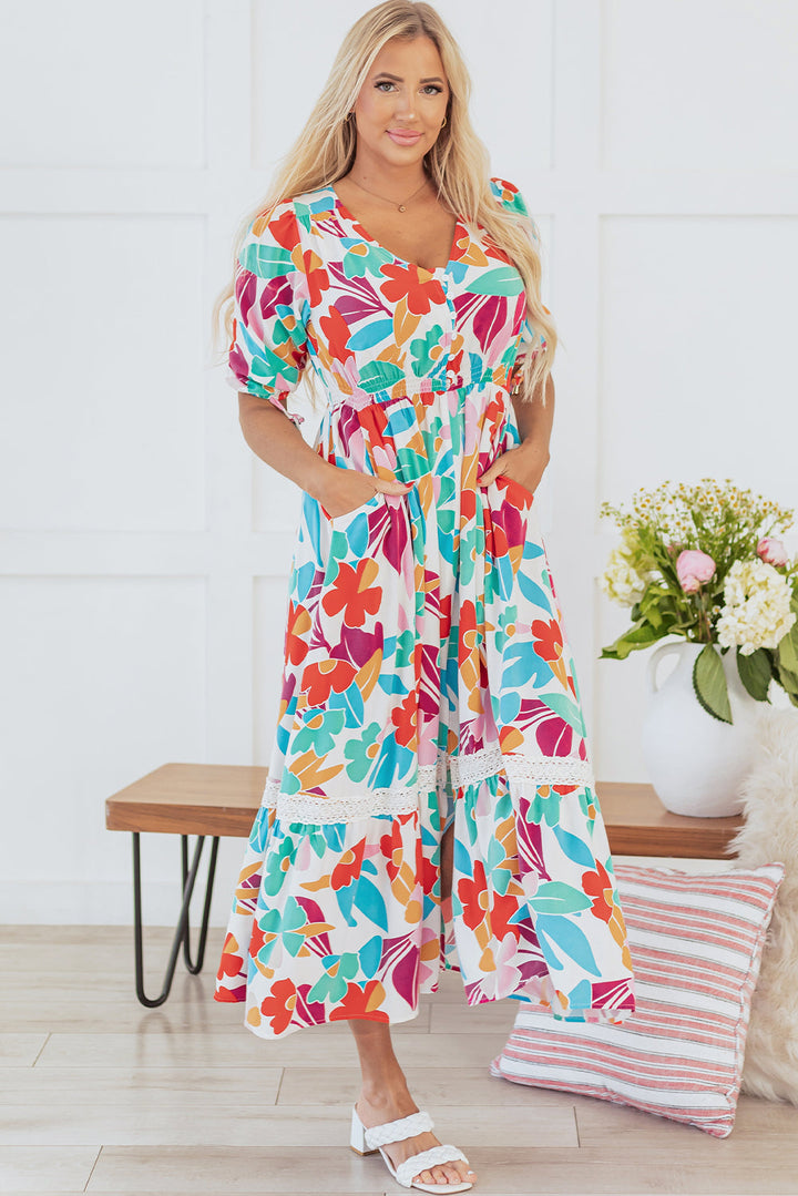 Floral Knot Puff Sleeve V Neck Buttoned Front Split Lace Maxi Dress