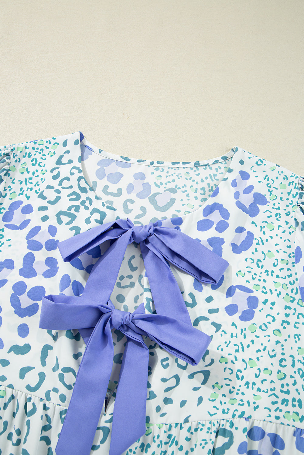 Leopard Contrast Bow Puff Sleeve Mini Dress