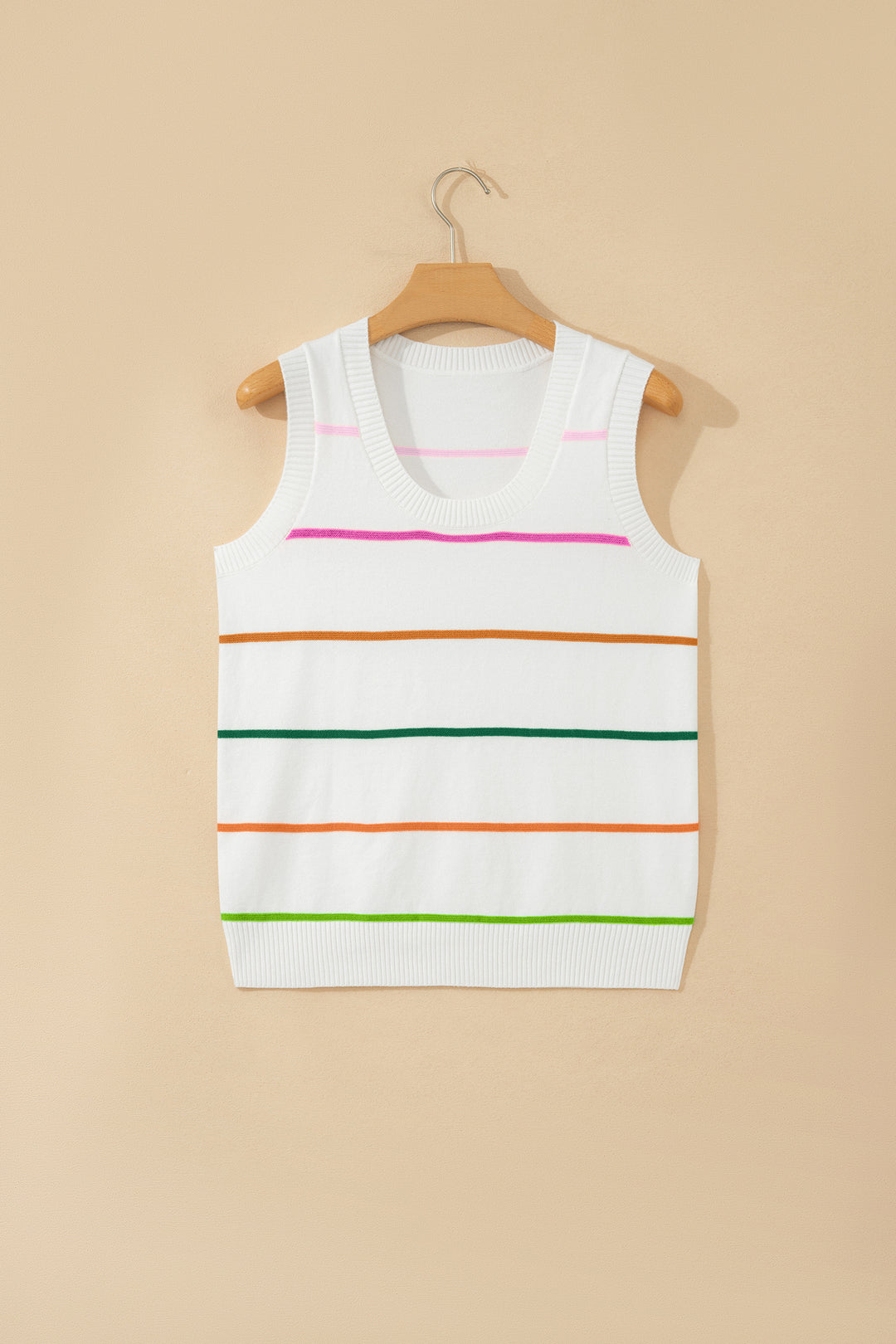 White Stripe Round Neck Knitted Sweater Tank