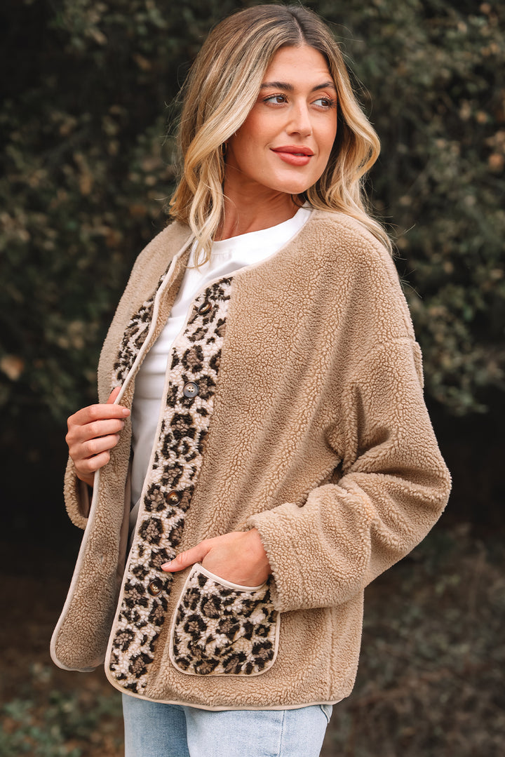 Casual Leopard Print Accent Plush Jacket with Pockets