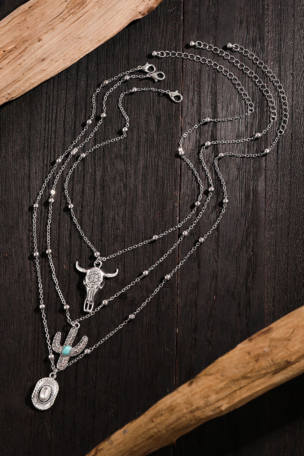 Western Steer Cactus Pendant Adjustable Multi Layer Necklace