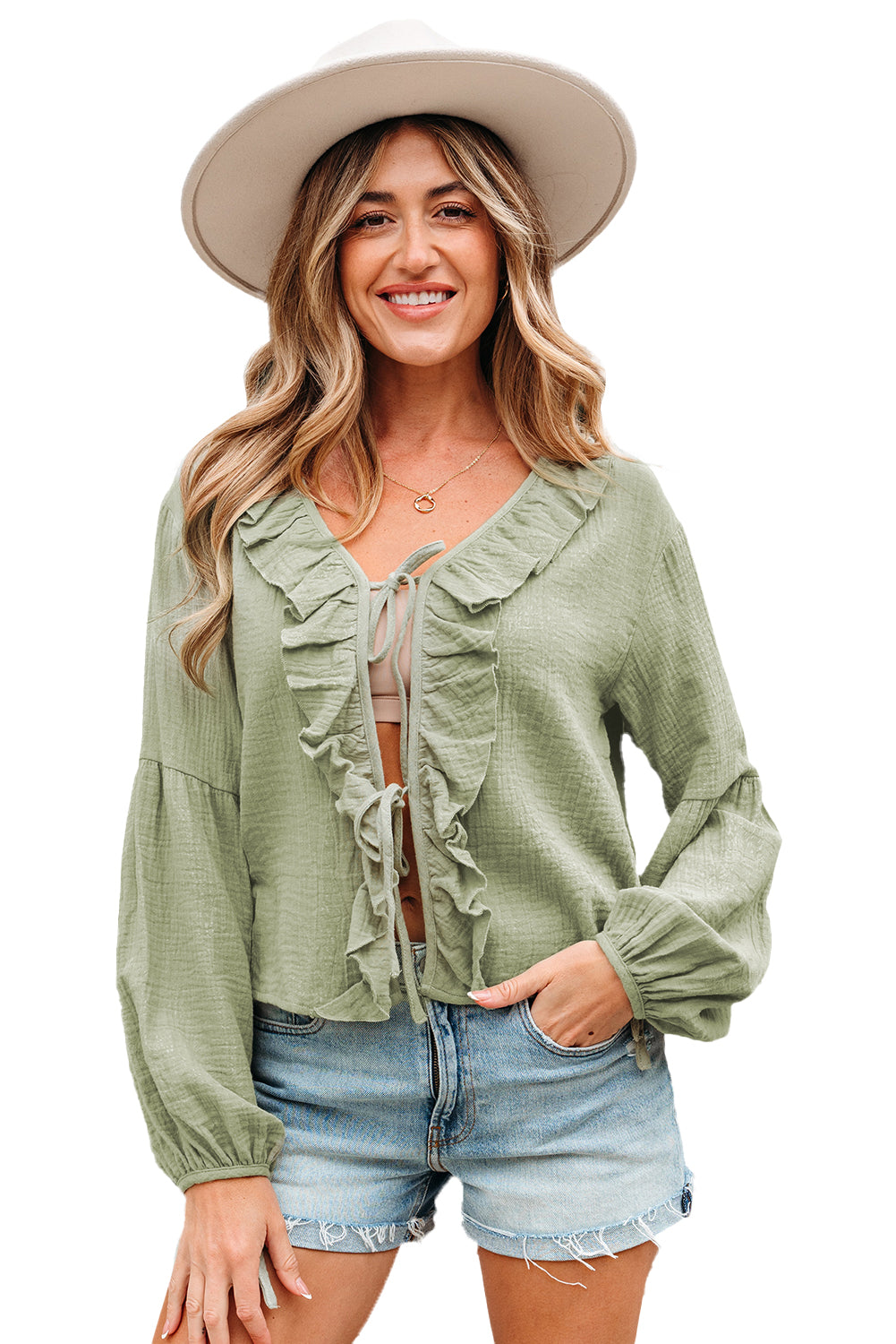 Bow Tie Front Ruffle Trim V Neck Long Sleeve Gauze Blouse