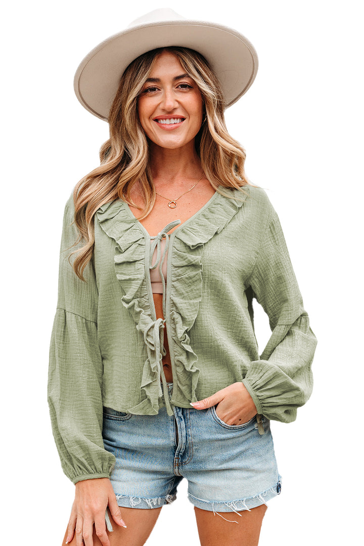 Bow Tie Front Ruffle Trim V Neck Long Sleeve Gauze Blouse