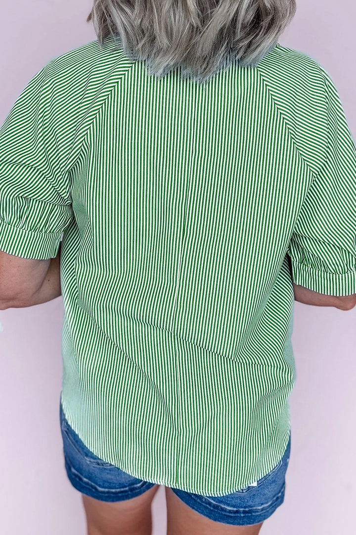 Mint Green Striped Print Collared Split Neck Half Sleeve Blouse