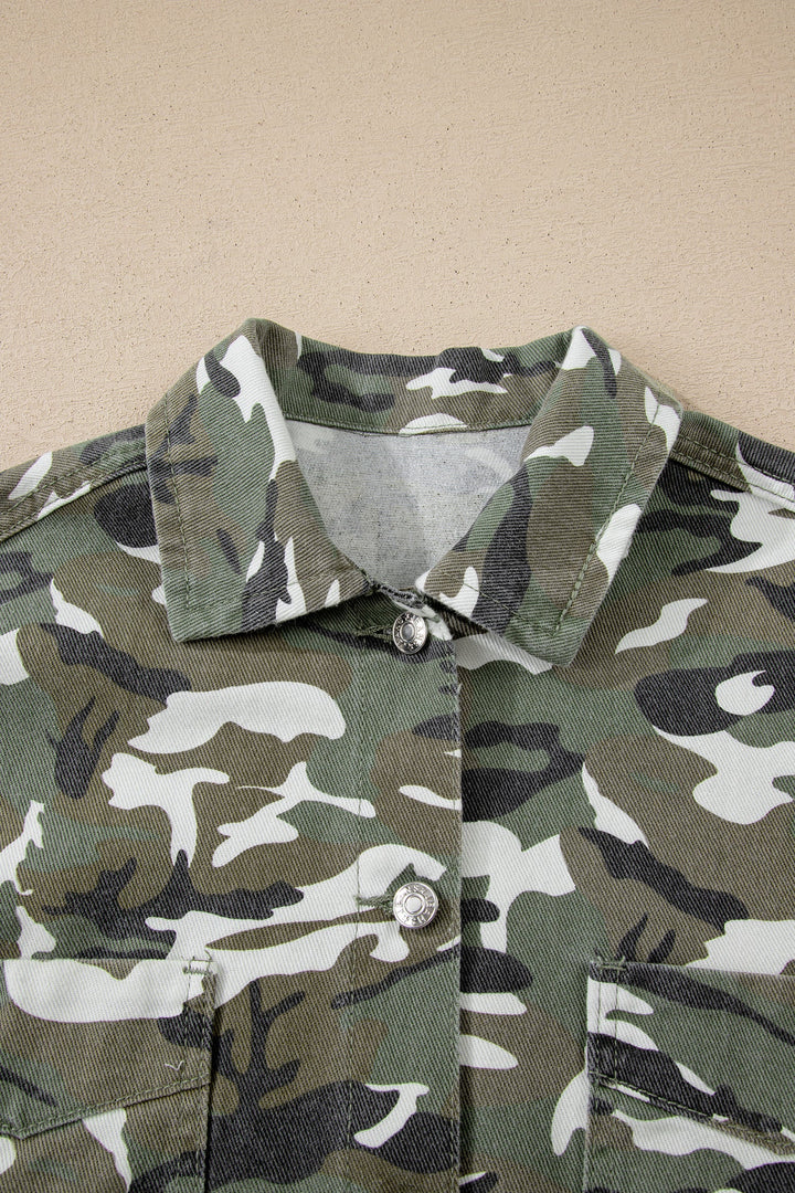 Green Camo Chest Pockets Loose Jean Jacket