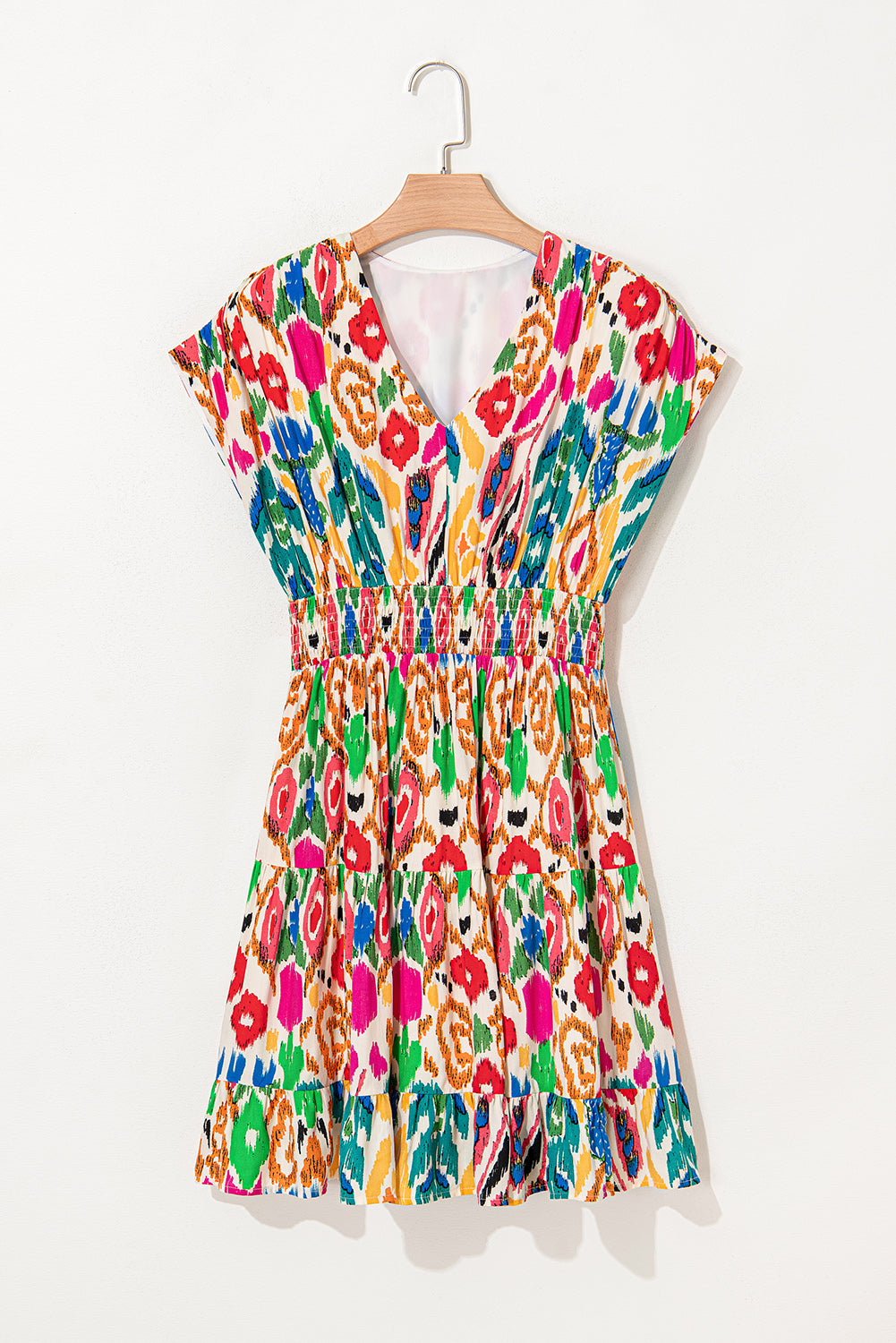 Sky Blue Abstract Print Dolman Sleeve Ruffle Tiered Mini Dress
