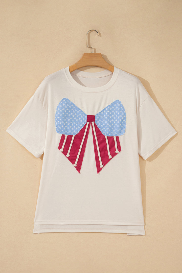 White Loose Knit Vintage Flag Bow Patched T Shirt