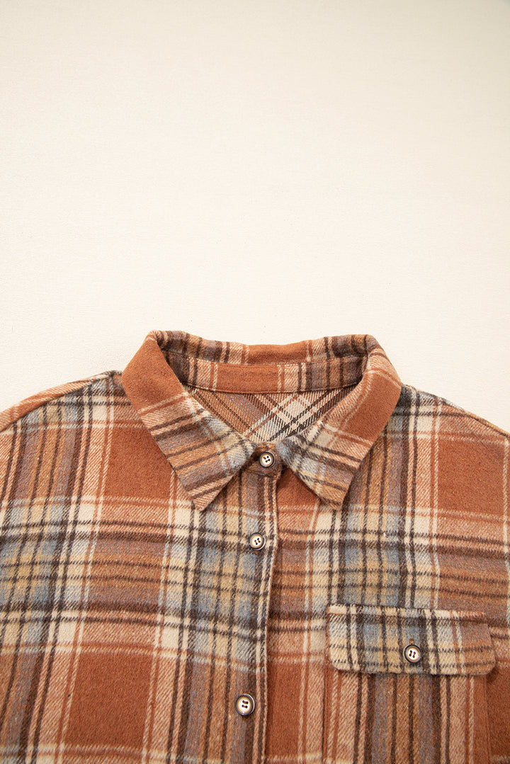 Brown Plaid Print Flap Pocket Plus Size Shacket
