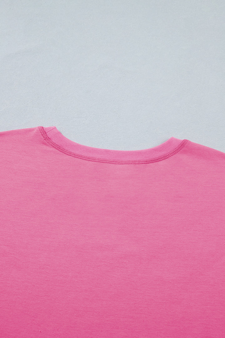 Bright Pink Seam Detail Raw Edge Tee Rainbow Waistband Casual Short Set