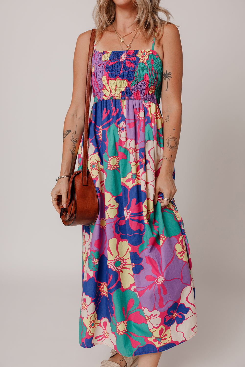 floral print shirred spaghetti strap loose maxi dress