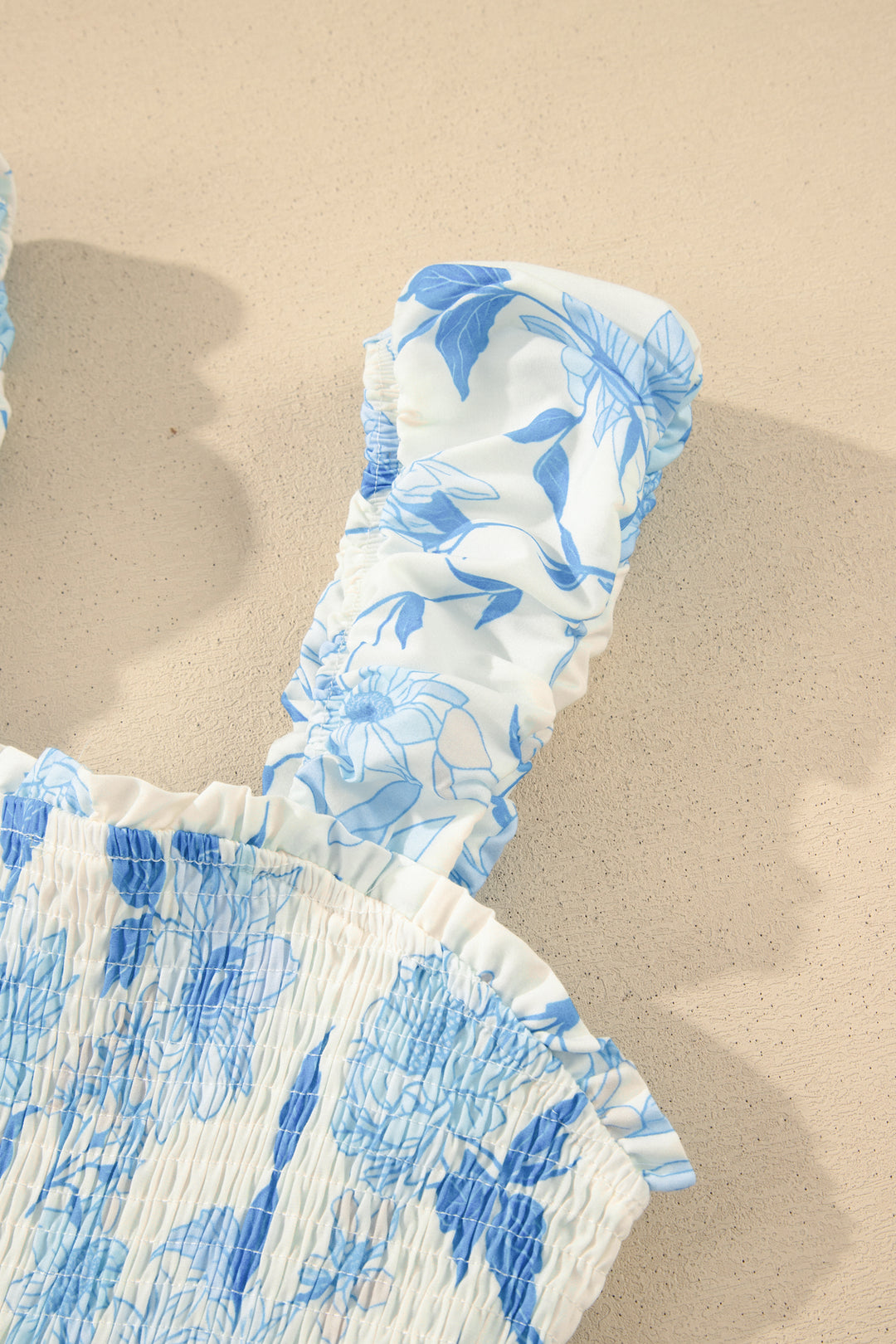 Sky Blue Ruffled Straps Smocked High Waist Floral Maxi Dress