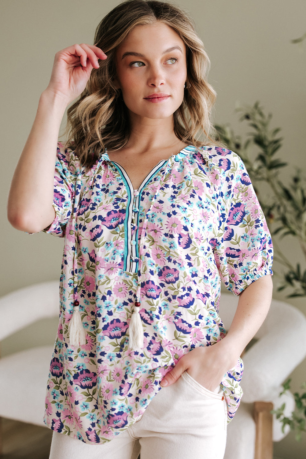 Bohemian Floral V Neck Loose Half Sleeve Blouse