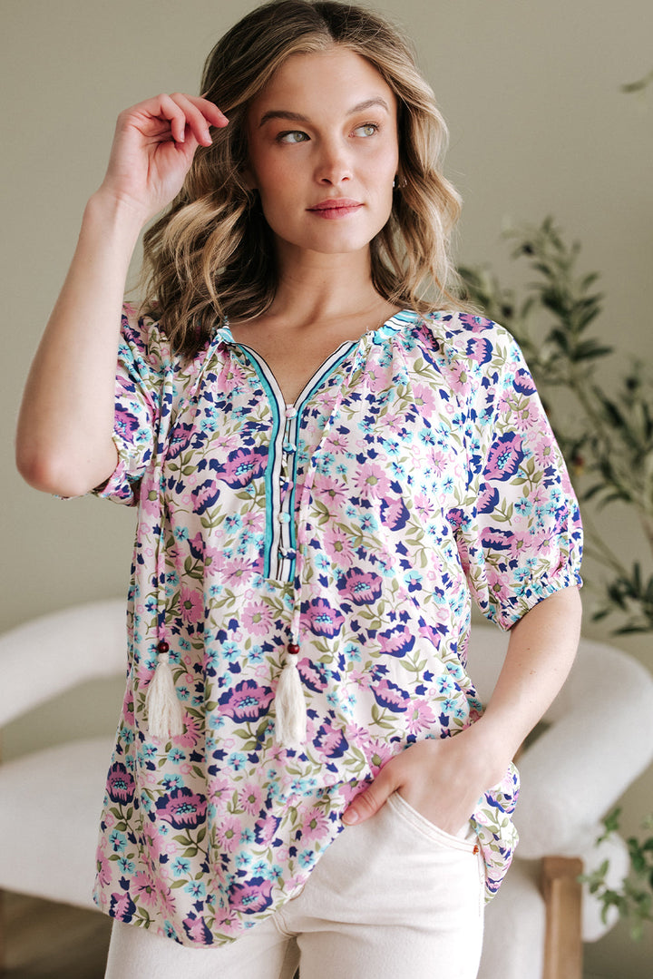 Bohemian Floral V Neck Loose Half Sleeve Blouse