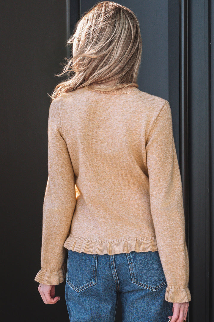 Ruffle Trim Gold Button Sweater Cardigan