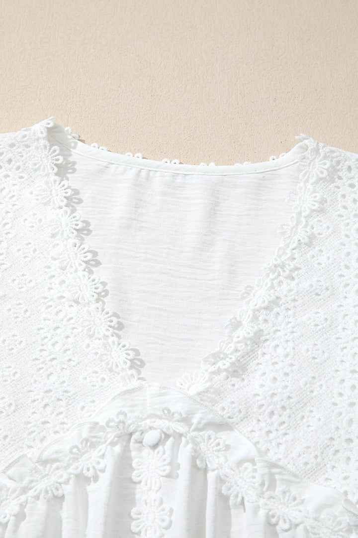 White Solid Color Floral Guipure Lace Patchwork Frilled Long Sleeve Blouse