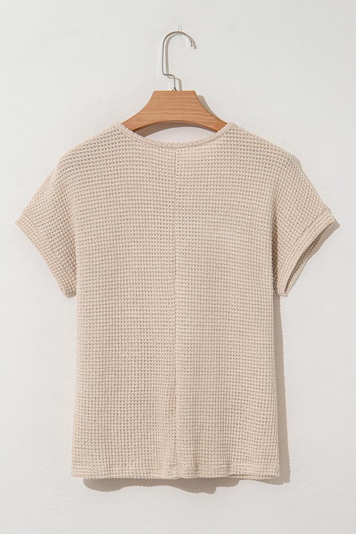 Oatmeal Lace Patchwork Waffle Short Sleeve Top