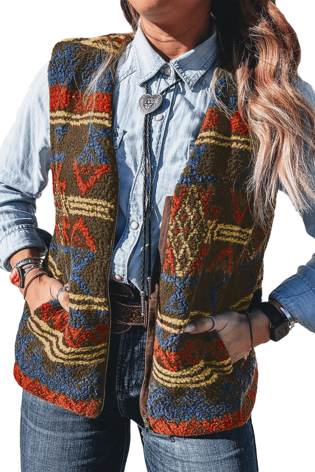 Multicolour Western Print Faux Fur Metal Zipper Insert Pockets Vest