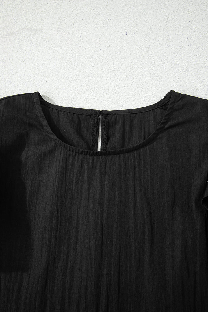 Contrast Trim Dual Ruffle Short Sleeve Textured Blouse