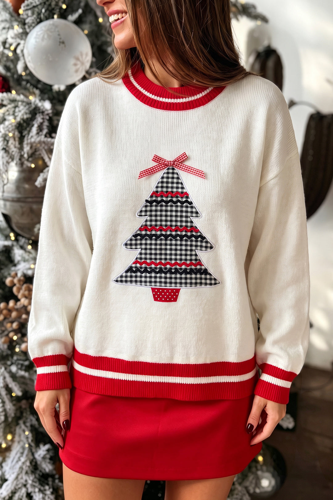 White Christmas Plaid Tree Applique Round Neck Loose Sweater
