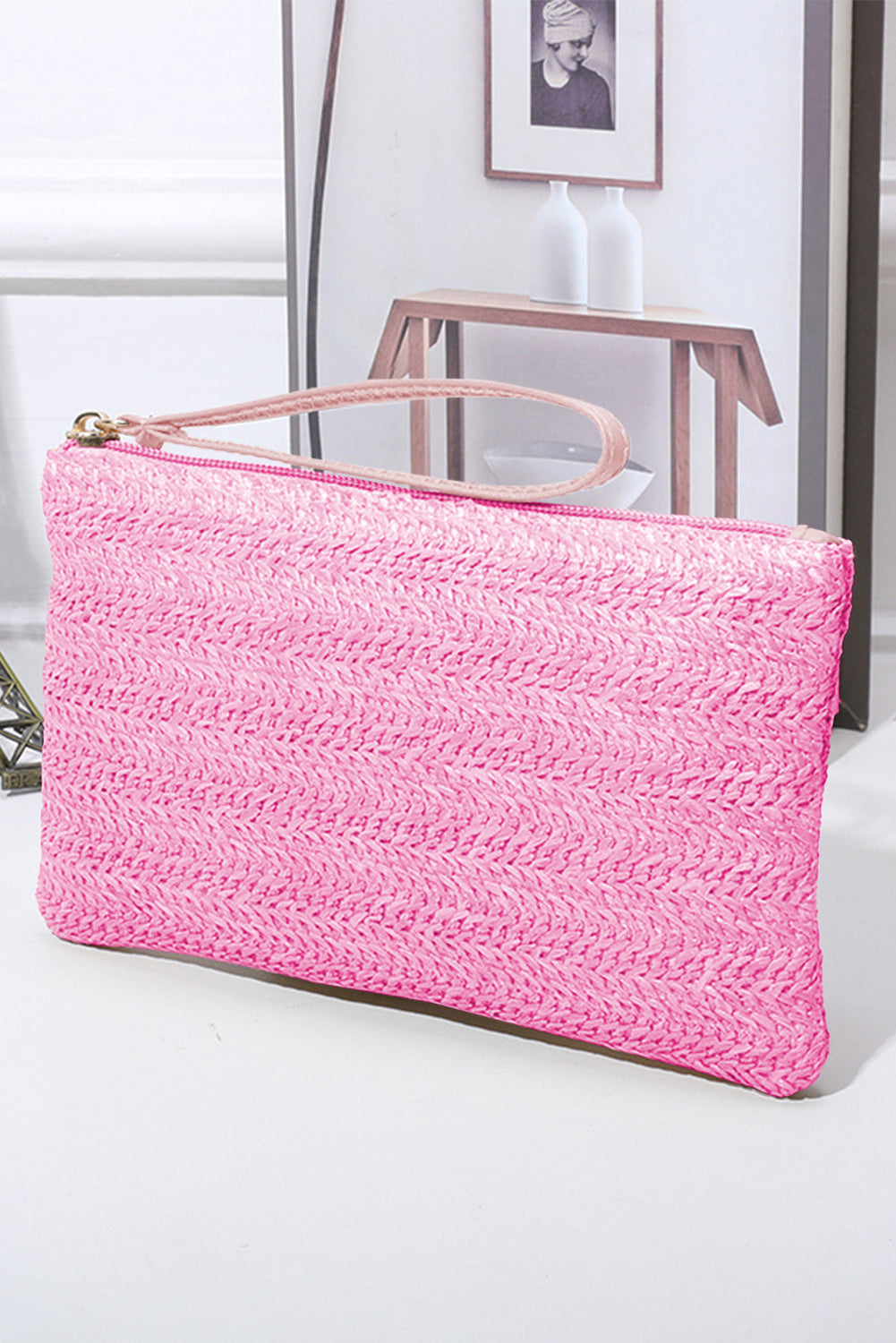 Straw Woven Wrist Strap Zipper Large Wallet