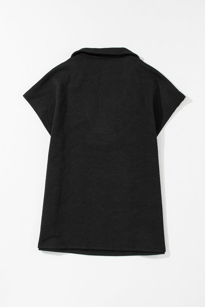 Black Textured V Neck Collared Short Sleeve Top