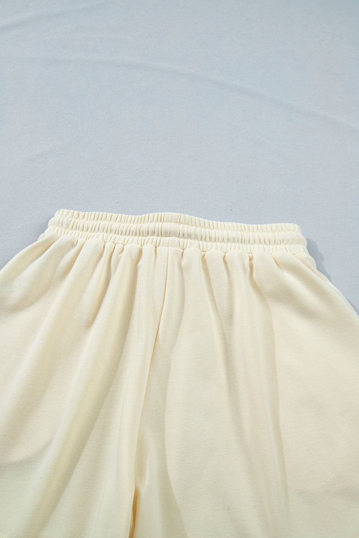 White Contrast Leopard Bow Patched V Neck Loose Tee Drawstring Shorts 2pcs Outfit