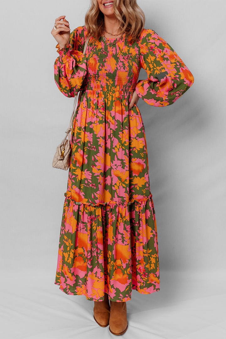 Floral Puff Sleeve Smocked Bodice Ruffled Long Dress